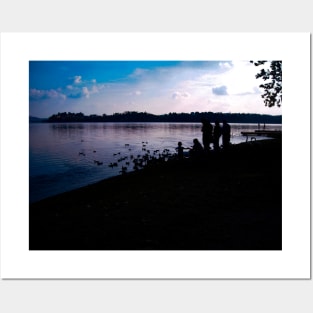 Lake silhouette family with duck and swan photography Posters and Art